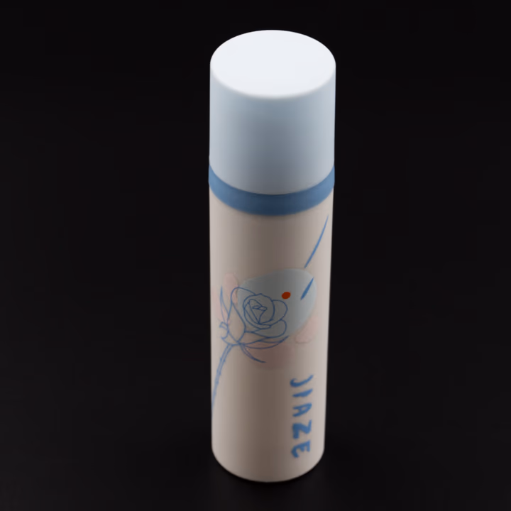 Çiçek baskılı beyaz airless şişe, açık mavi kapak