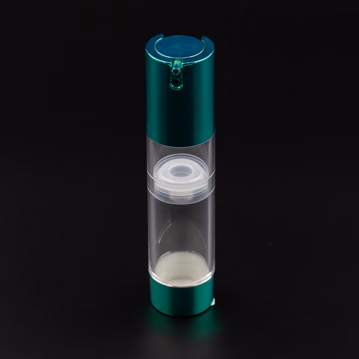 Şeffaf airless şişe, metalik yeşil pompa