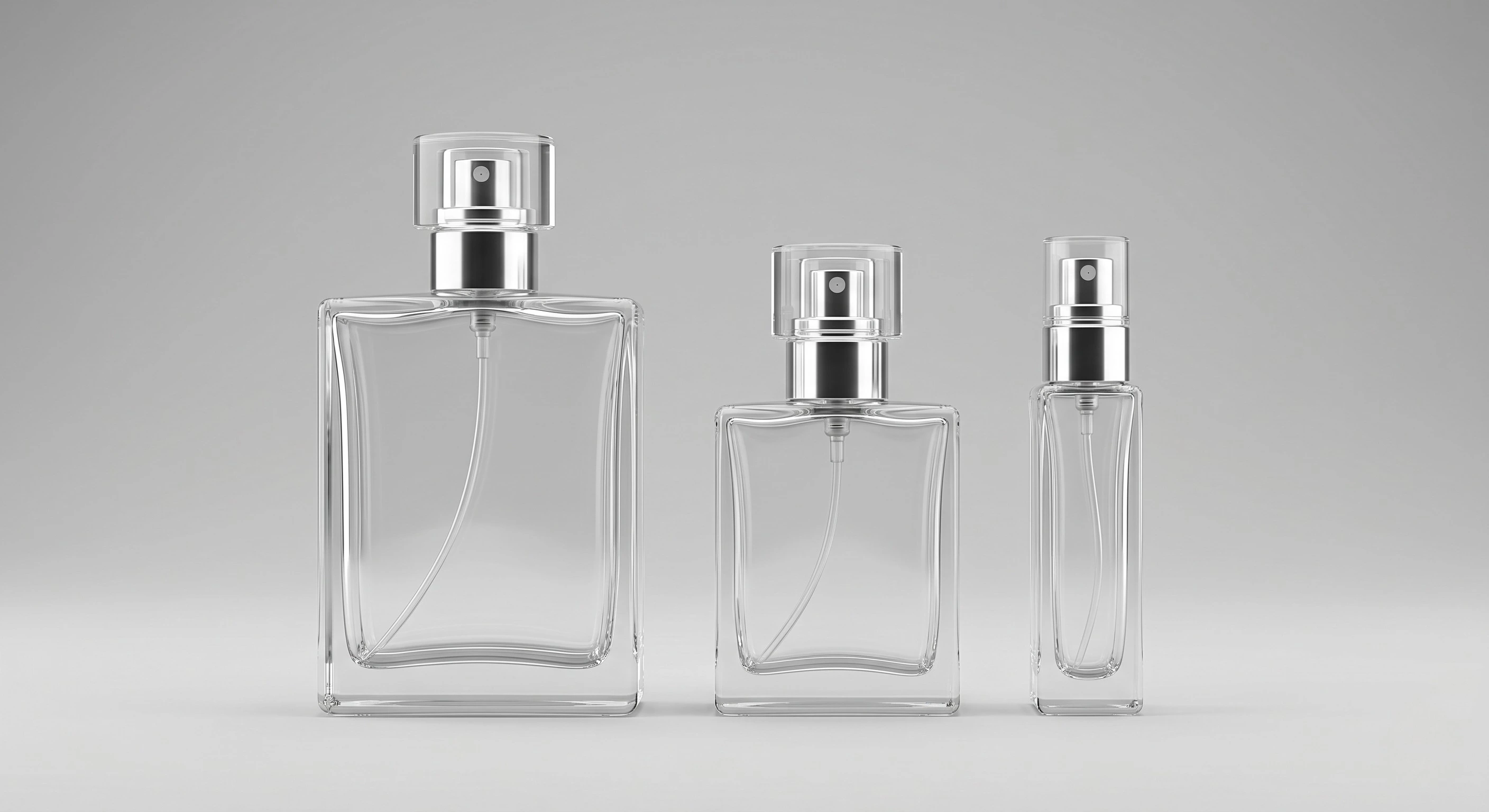 100 ml, 30 ml ve 20 ml boyutlarında toptan cam parfüm şişesi hacim ve ebat karşılaştırması.
