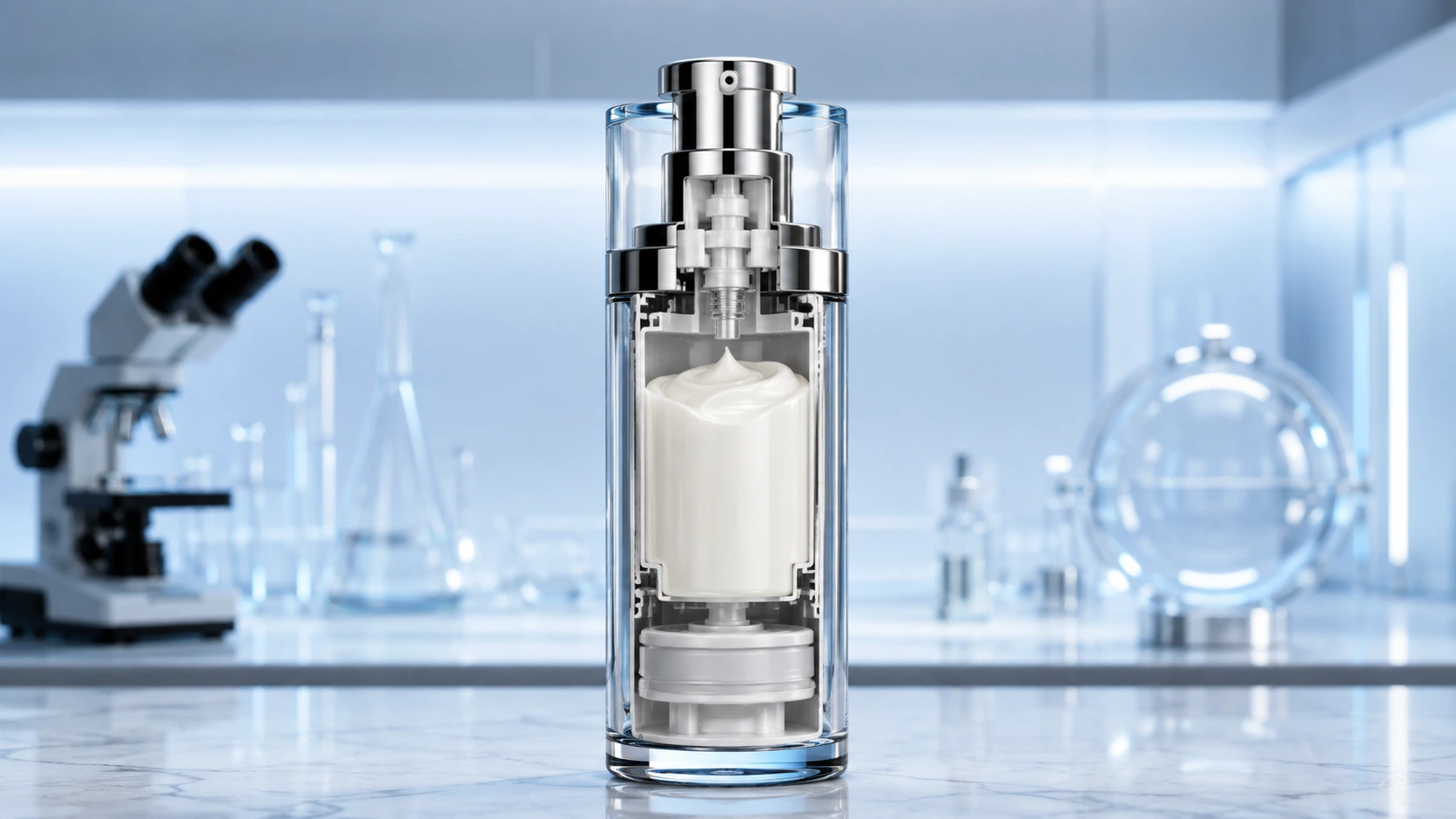 Cross-section diagram of an airless bottle showing the piston vacuum mechanism.