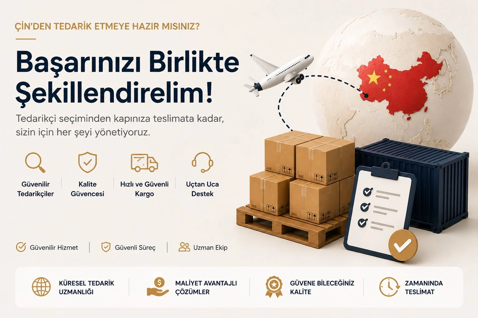 Çin'den kozmetik ambalaj tedariki: güvenilir tedarikçi seçimi, kalite güvencesi, hızlı kargo ve kapıya teslimat hizmet infografiği.
