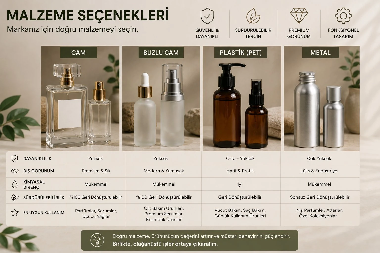 Kozmetik ambalaj malzeme seçenekleri karşılaştırma tablosu: cam, buzlu cam, plastik PET ve metal şişelerin dayanıklılık ve sürdürülebilirlik özellikleri.