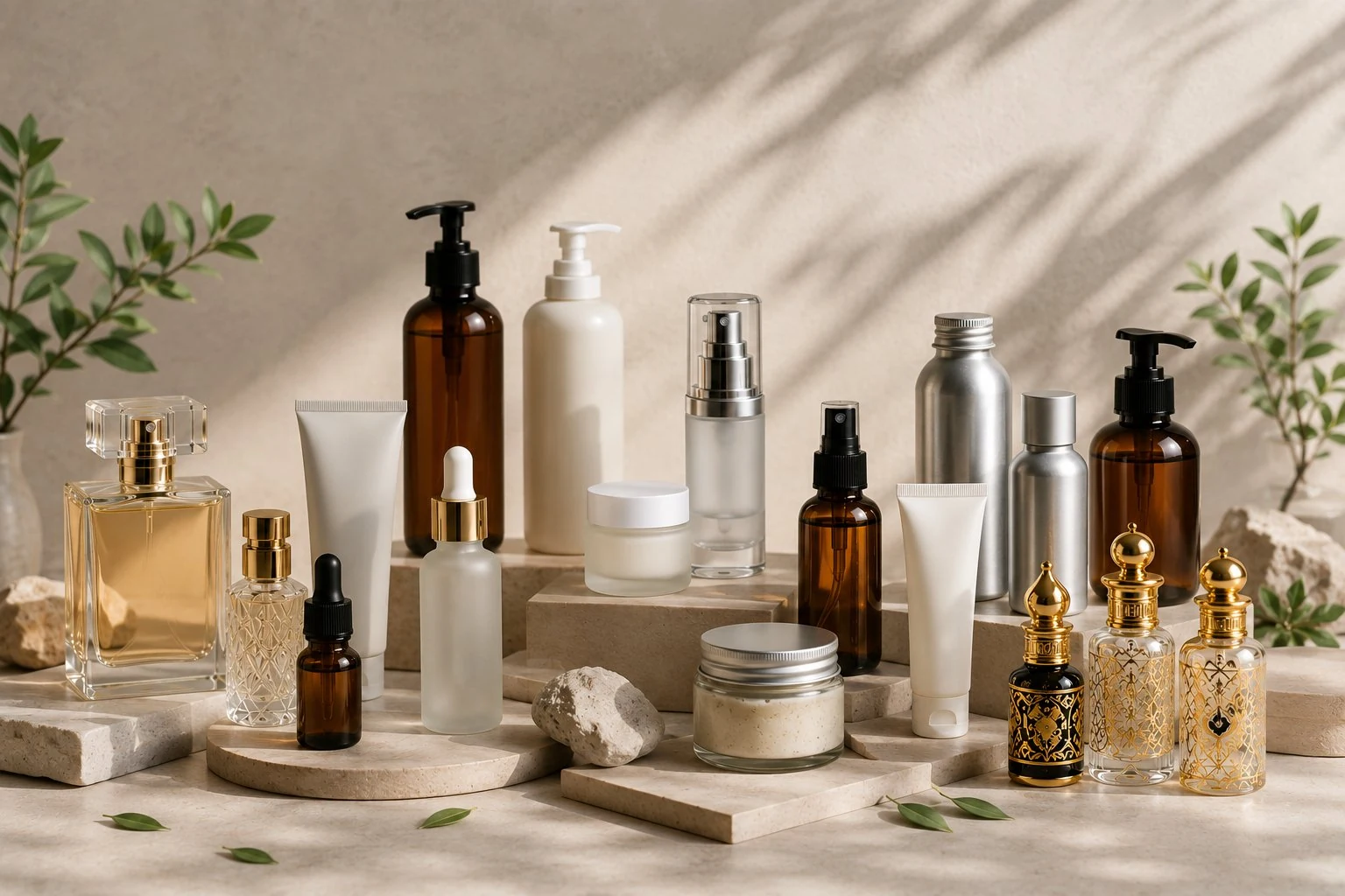 Farklı kozmetik ambalaj seçenekleri: cam parfüm şişesi, serum damlalığı, airless pompa, plastik şişe ve metal kapak koleksiyonu.