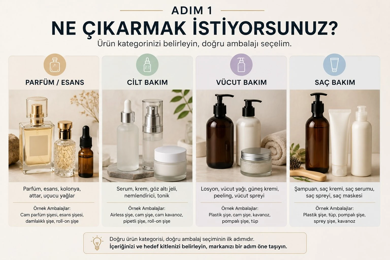 Kozmetik ürün kategorileri: parfüm, esans, cilt bakım, vücut bakım ve saç bakım ambalaj seçenekleri infografiği.
